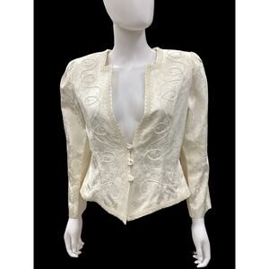 Vintage Nah Nah  Blazer Women’s Size M 3Faux Pearl Closure Embossed Fabric Ivory